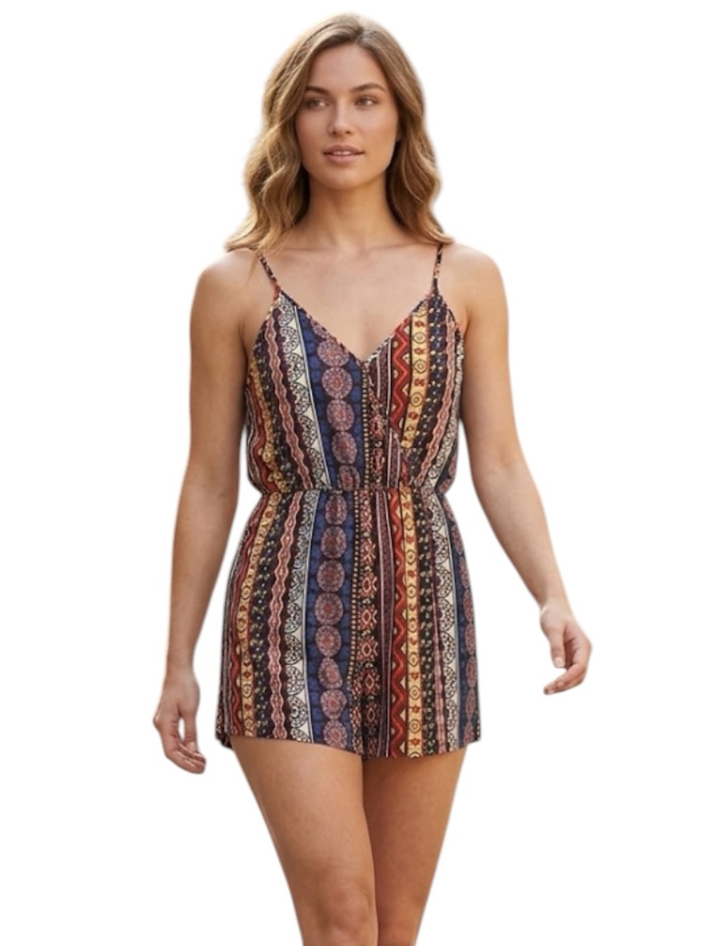 Boho Summer Multi Colored Spaghetti Strap Colorful Romper Size Medium
